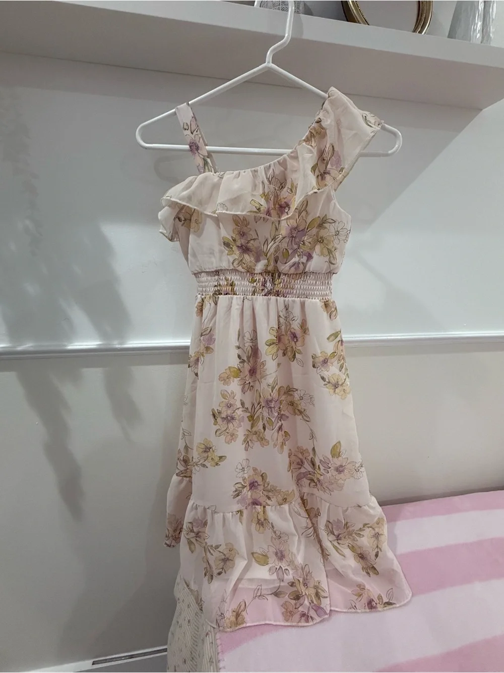 Girls' Pink Floral One-Shoulder Dress